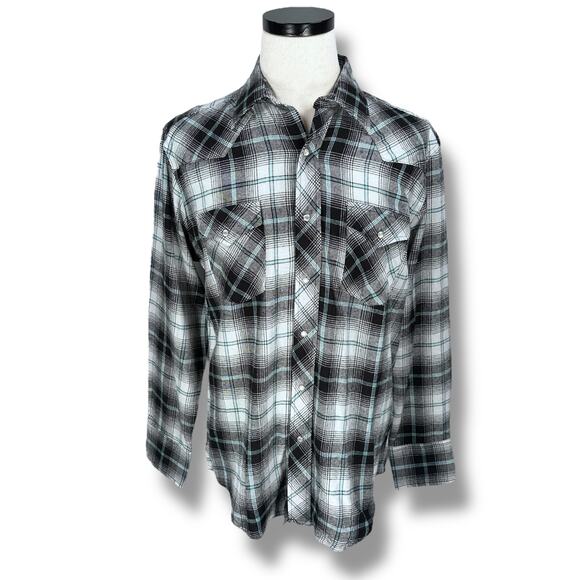 Wrangler Western Flannel Shirt Men’s Large Black White Plaid Pearl Snap Rancher - Picture 1 of 12